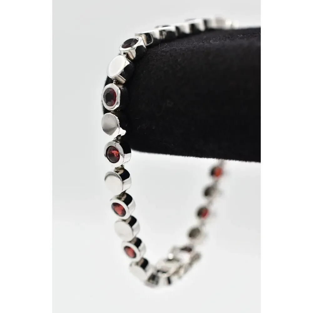 925 Sterling Silver Tennis Chain Bracelet Red Rhinestone Crystal Signed BinO